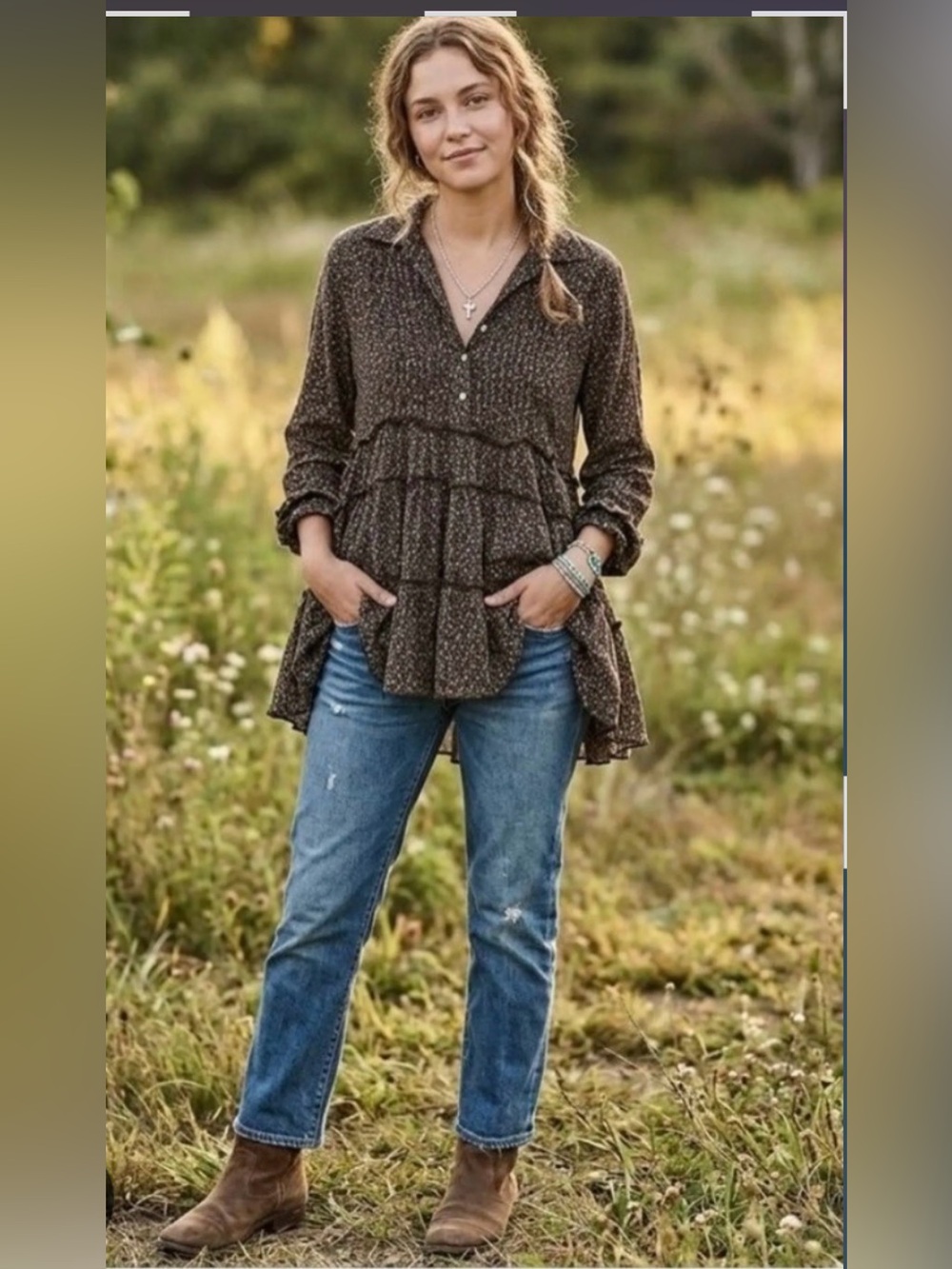 Ralph Lauren Brown Speckled Tiered Peasant Tunic